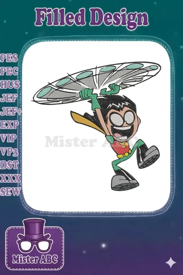 Vibrant embroidery design of Robin from Teen Titans Go! in a dynamic pose, launching a disc weapon.