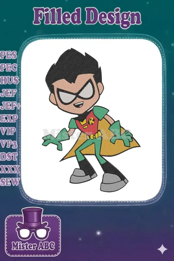 Vibrant embroidery design of Robin from Teen Titans Go! in a dynamic pose, showcasing detailed satin and fill stitches.