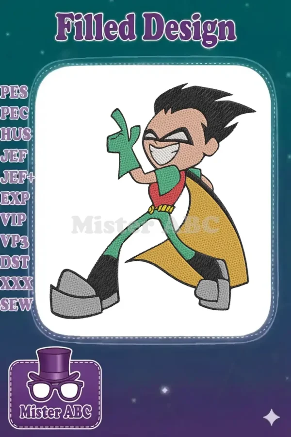Dynamic Robin embroidery design, featuring the iconic Teen Titans Go character in a energetic pose. Perfect for fans!