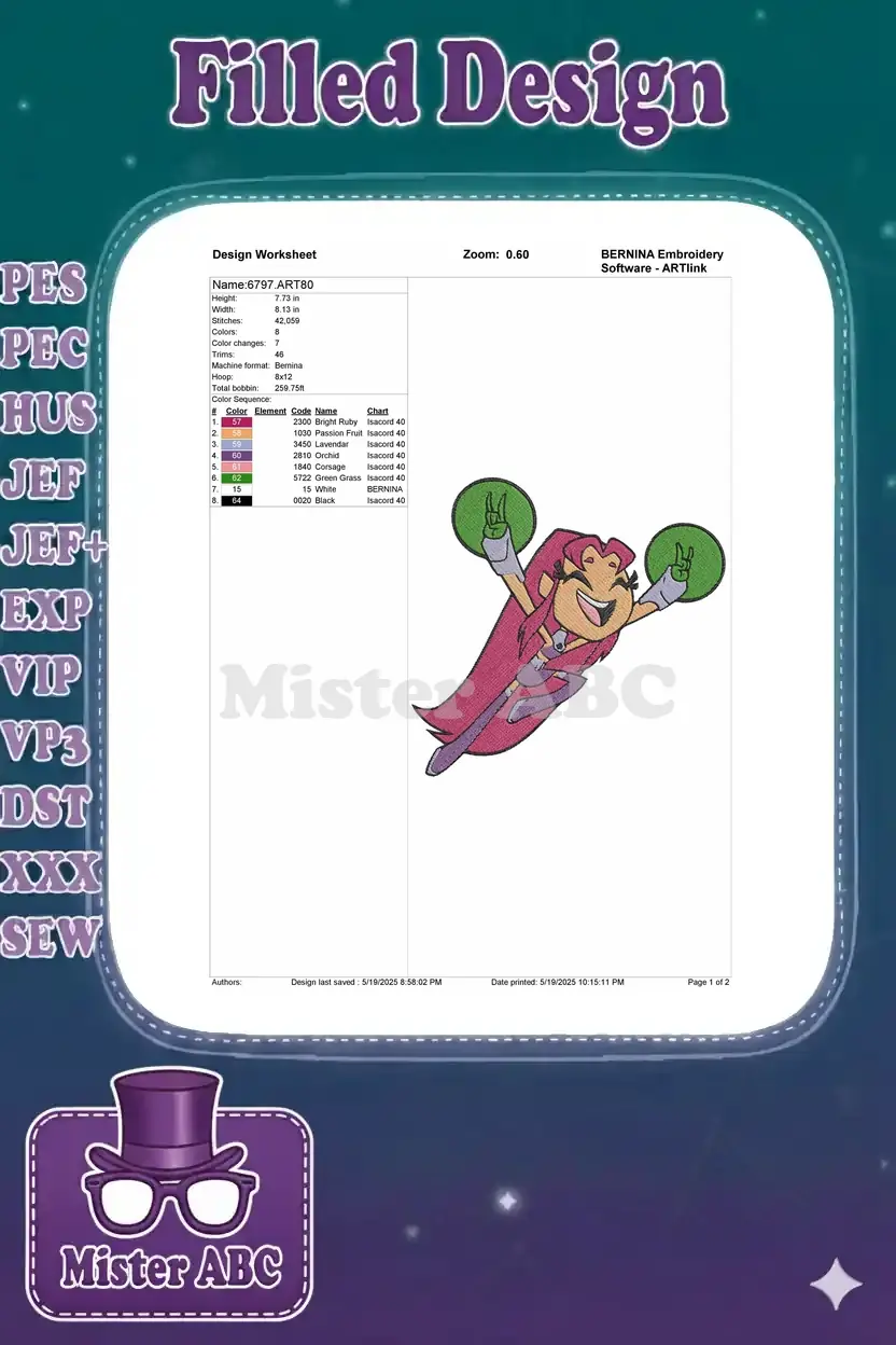 Embroidery design worksheet for Starfire, detailing dimensions, stitch count, color changes, and thread codes.