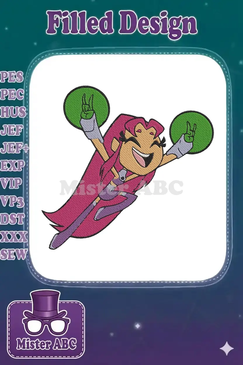 Vibrant embroidery design of Starfire from Teen Titans flying, making rock-on gestures with green energy. Dynamic and colorful.