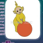 Yellow Teletubby Laa-Laa playing with large orange ball embroidery designs - Instant Download