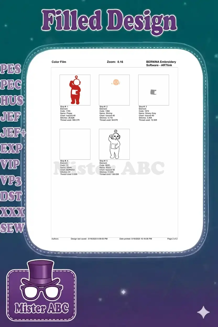 Color film breakdown for the Po Teletubby embroidery, showing each color stop, stitch count, and thread used.