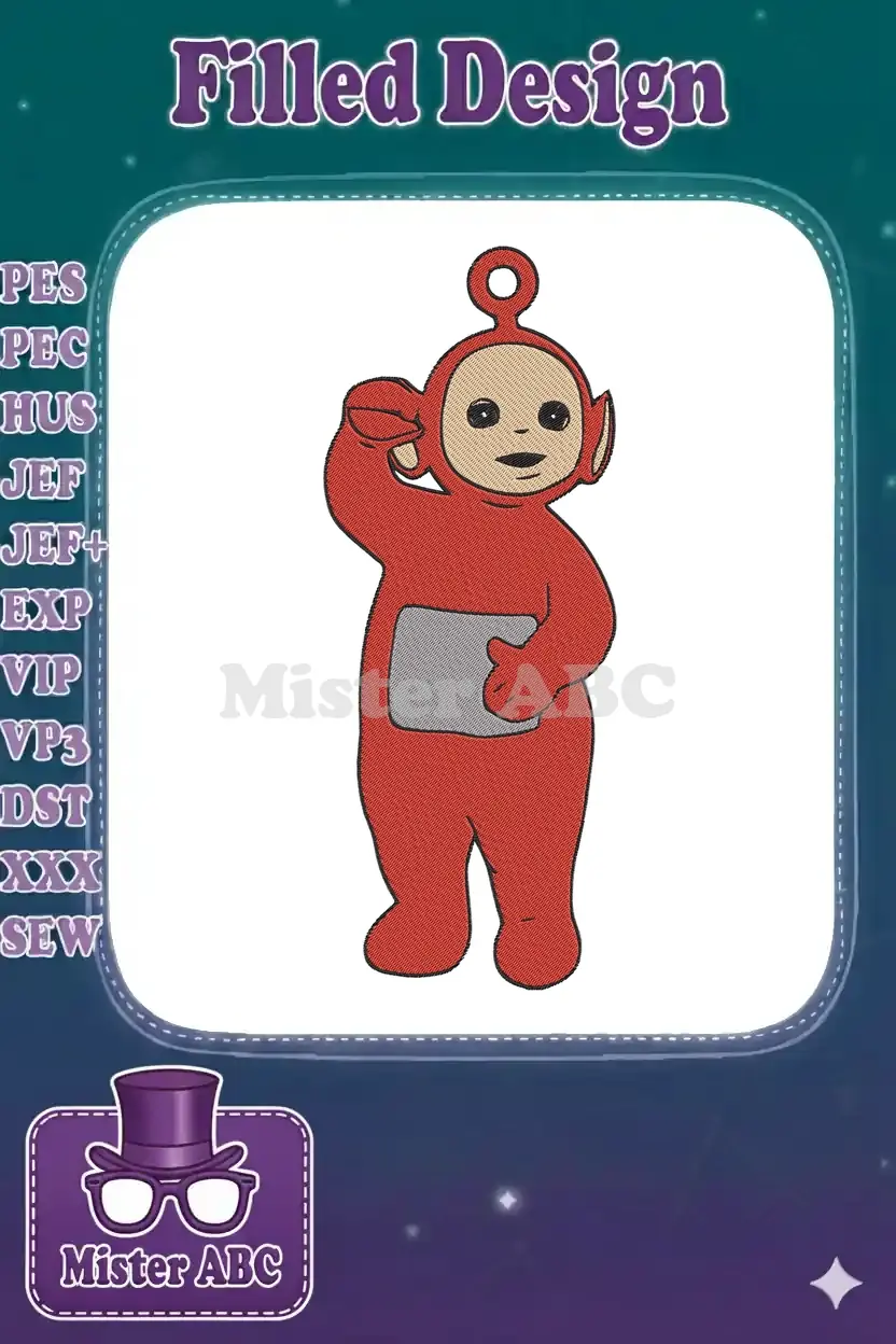 A vibrant embroidery design of Po, the red Teletubby, standing with hand to ear, featuring solid fill stitches.