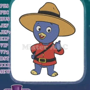 An adorable embroidery design of Pablo the Penguin from The Backyardigans, dressed as a Canadian Mountie, giving a thumbs up.