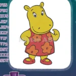 Smiling yellow hippo Tasha character in floral dress embroidery designs - Instant Download