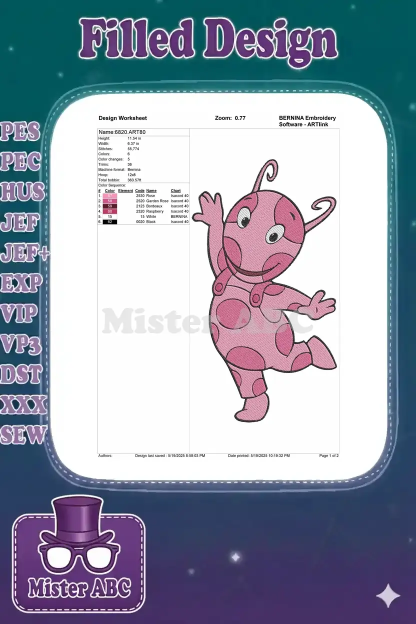 Embroidery design worksheet for Uniqua, detailing dimensions, stitch count, color sequence, thread types, and design preview.