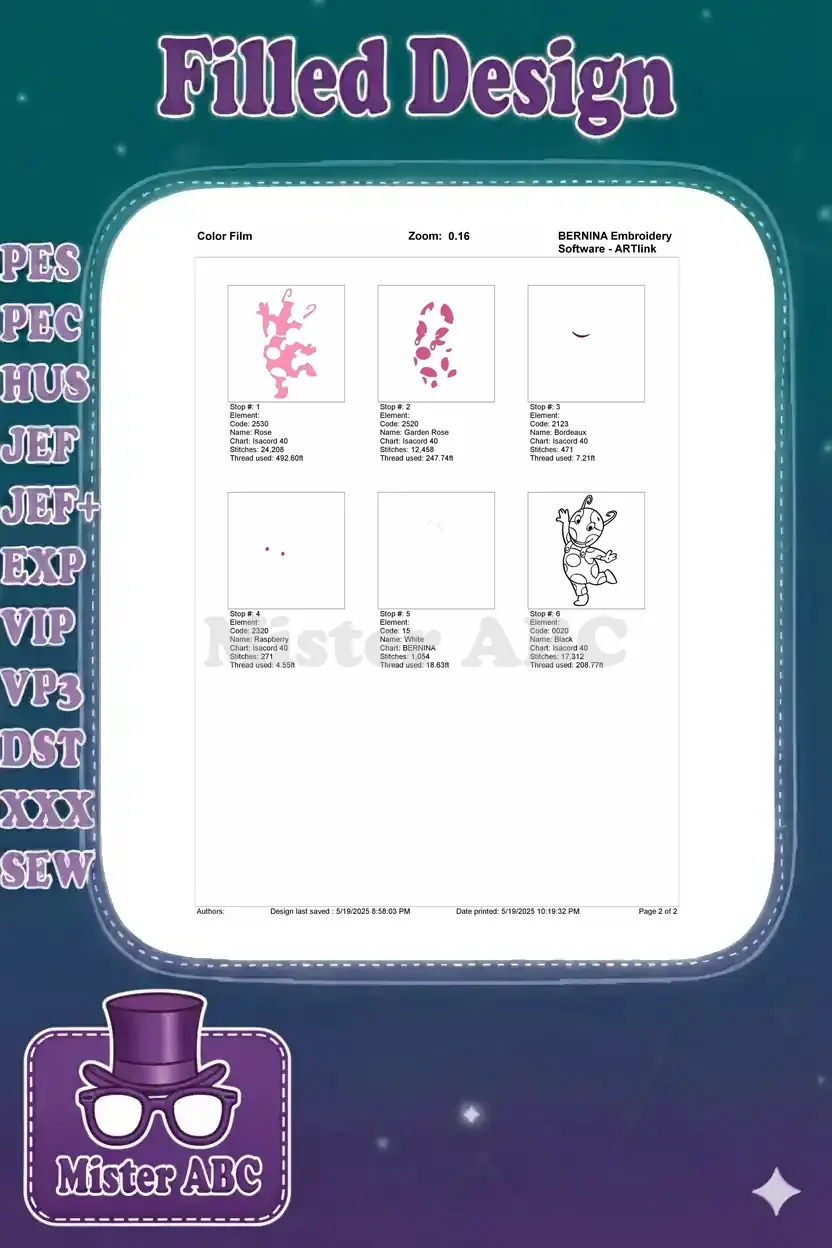 Color film breakdown of the Uniqua embroidery design, showing individual stitch layers and thread usage for each step.