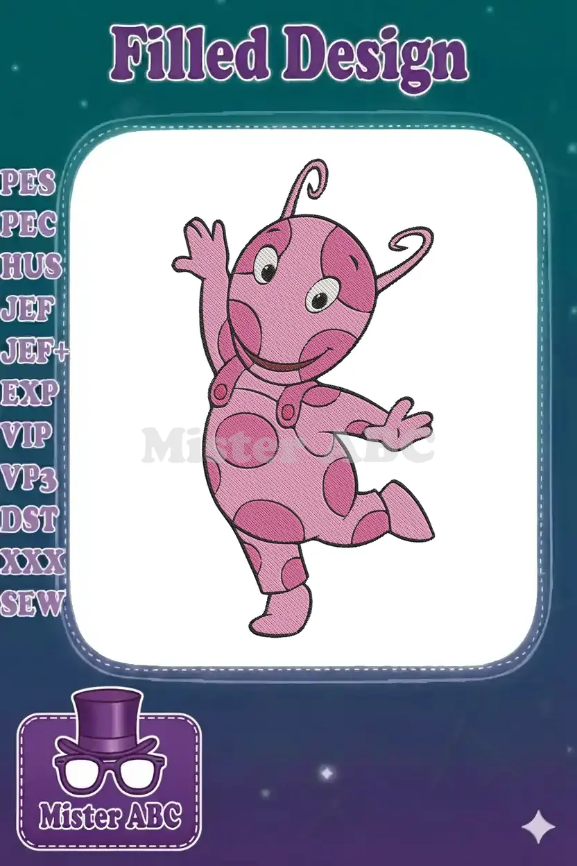 Full-body embroidery design of Uniqua from Backyardigans, a pink character with darker pink spots, waving happily.