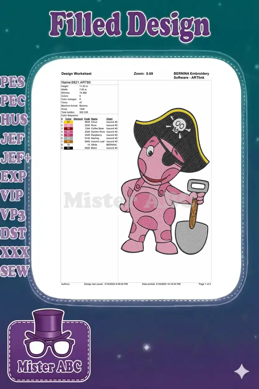 Embroidery design worksheet for Auggie the pirate, showing dimensions, stitch count, color sequence, and thread chart.