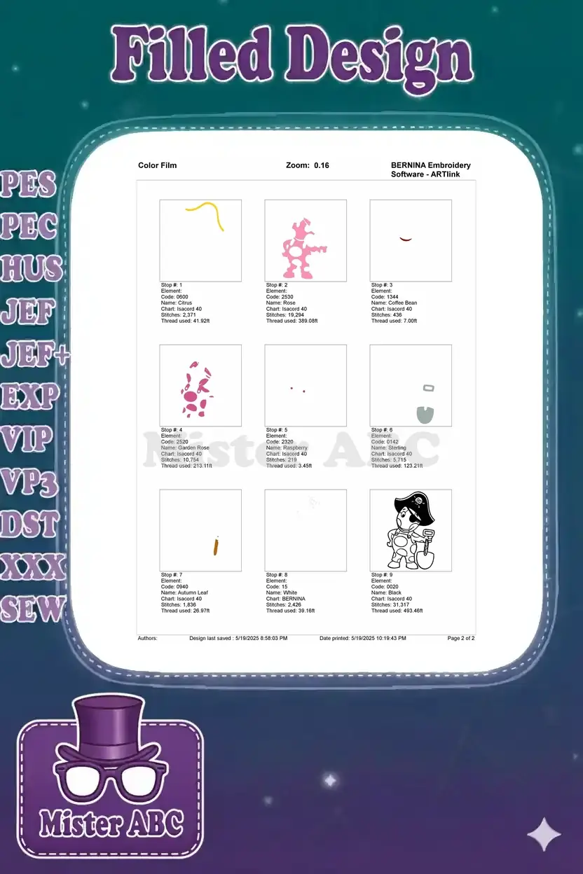 Color film breakdown for the Auggie pirate embroidery, illustrating the stitch order and thread usage per color element.
