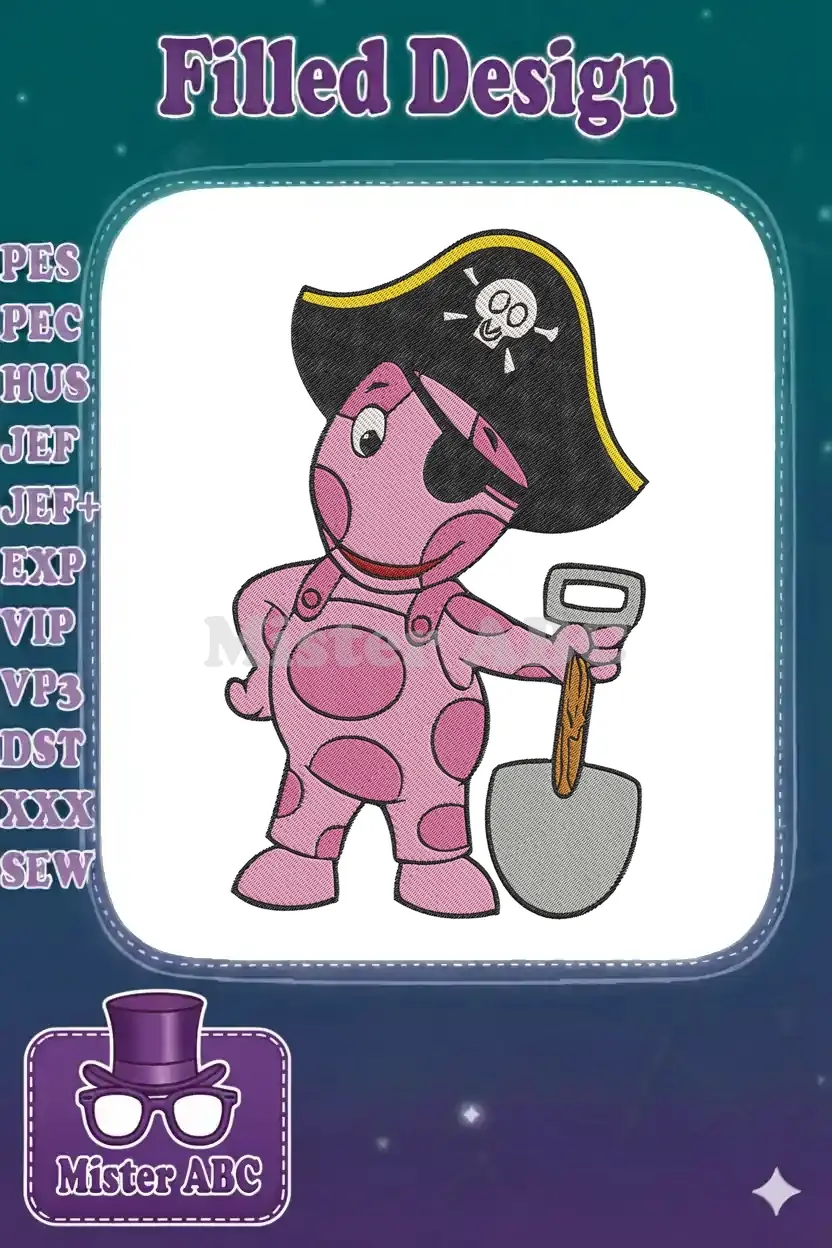 Embroidered design of Auggie from The Backyardigans as a pirate, wearing an eyepatch and hat, holding a shovel.