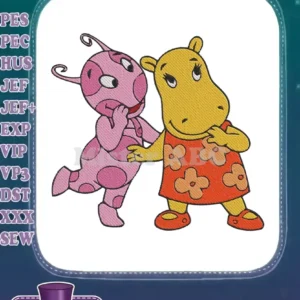 Austin, the pink alien, and Tasha, the yellow hippo, from The Backyardigans, in a playful, vibrant embroidery design.