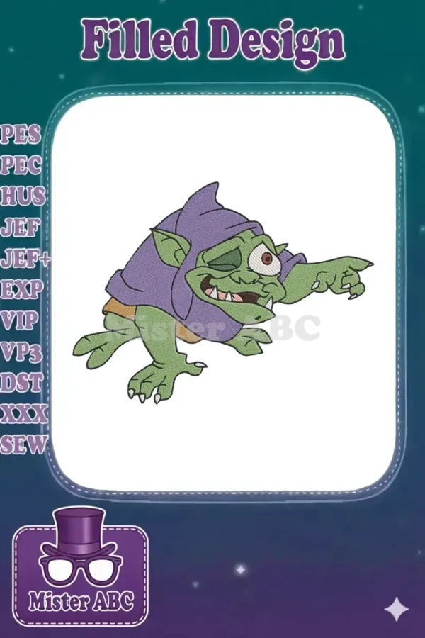 A vibrant embroidery design featuring a mischievous green goblin-like creature in a purple hood, pointing forward.