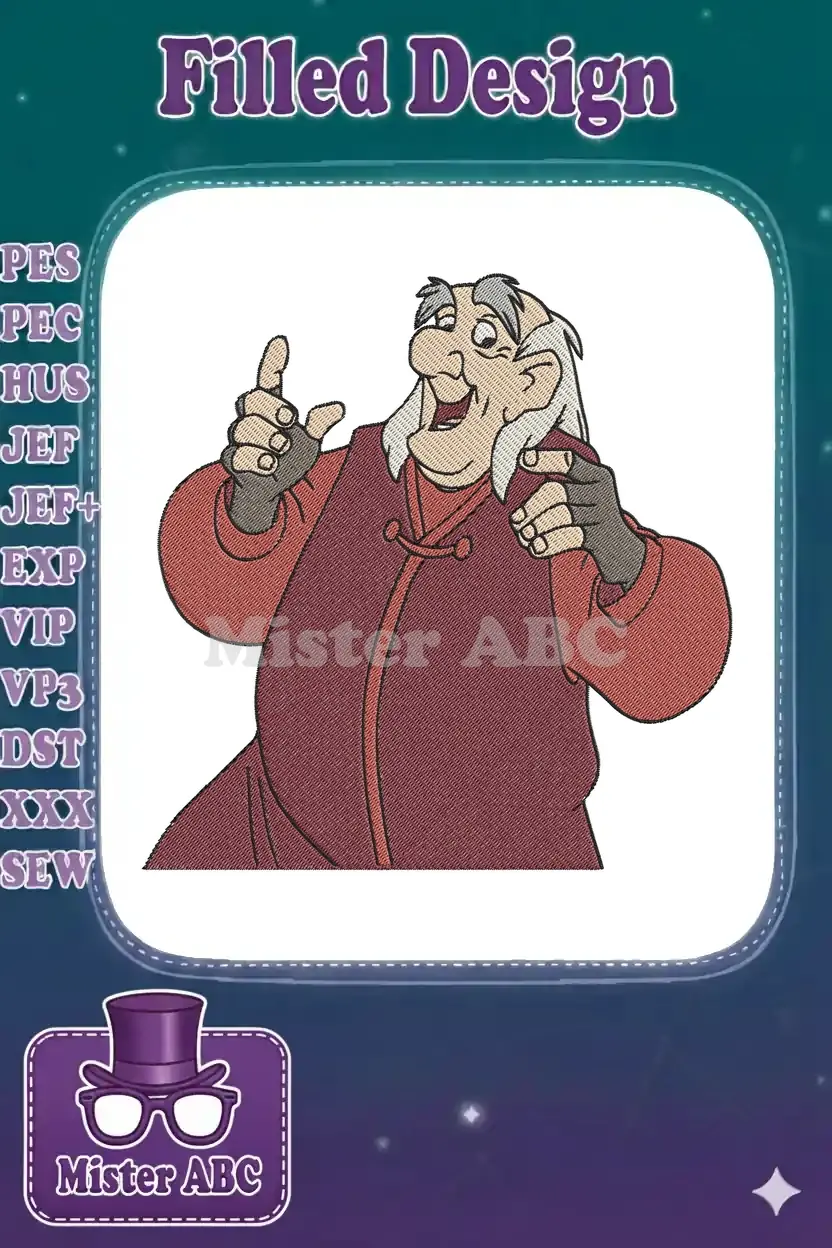 Embroidery design of The Sultan from Aladdin, a cheerful elderly man with white hair, gesturing happily.