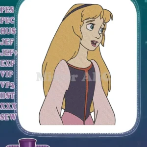 A detailed embroidery design of Princess Aurora from Sleeping Beauty, featuring her blonde hair and iconic dress.