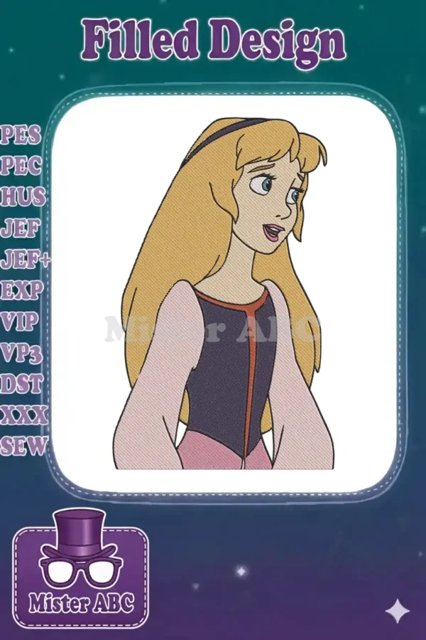 A detailed embroidery design of Princess Aurora from Sleeping Beauty, featuring her blonde hair and iconic dress.