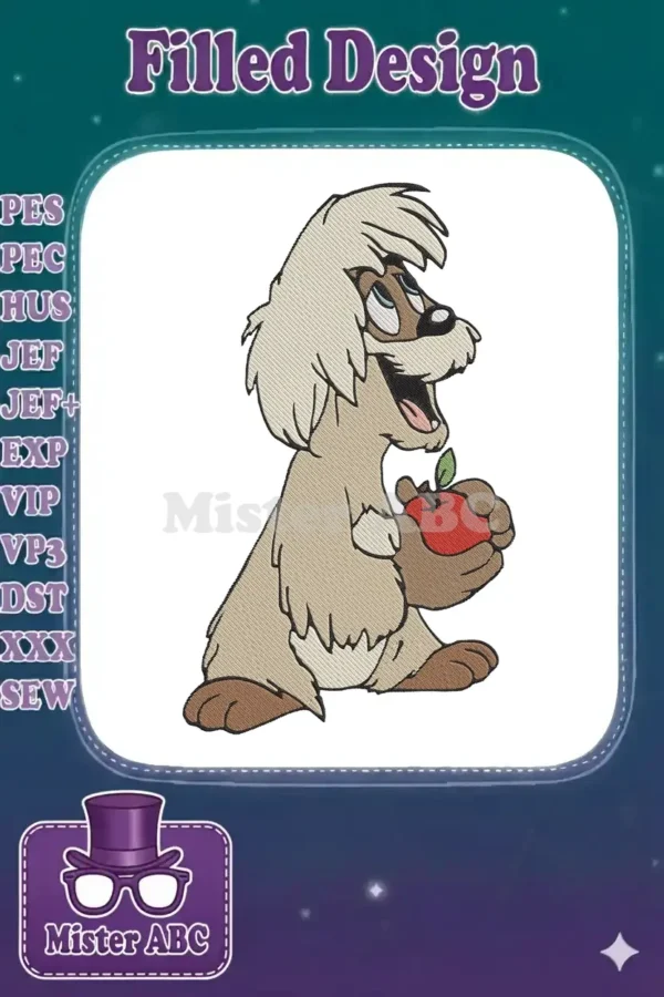 Detailed embroidery of a cheerful, fluffy, light-brown cartoon weasel-like character holding a red apple.