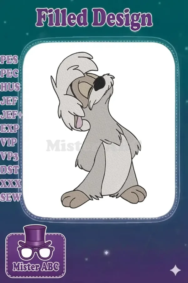 Detailed embroidery design of Scrat from Ice Age, looking upwards in a comical, expressive pose, ready for any fabric project.