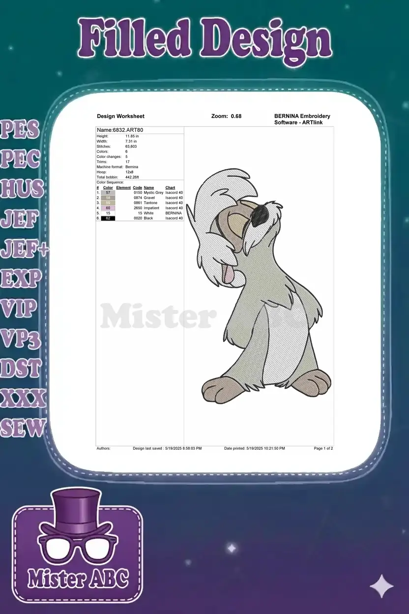 Embroidery design worksheet for Scrat, detailing dimensions, stitch count, color sequence, and machine specifications.