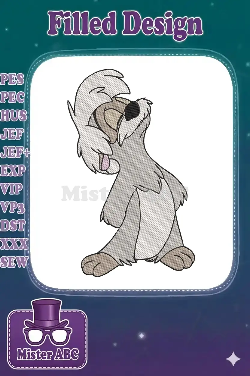 Detailed embroidery design of Scrat from Ice Age, looking upwards in a comical, expressive pose, ready for any fabric project.