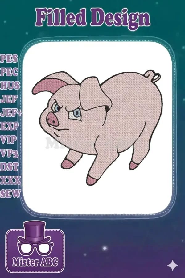 Detailed embroidery of an angry light pink cartoon pig, featuring blue eyes and bold black outlines, ready for stitching.