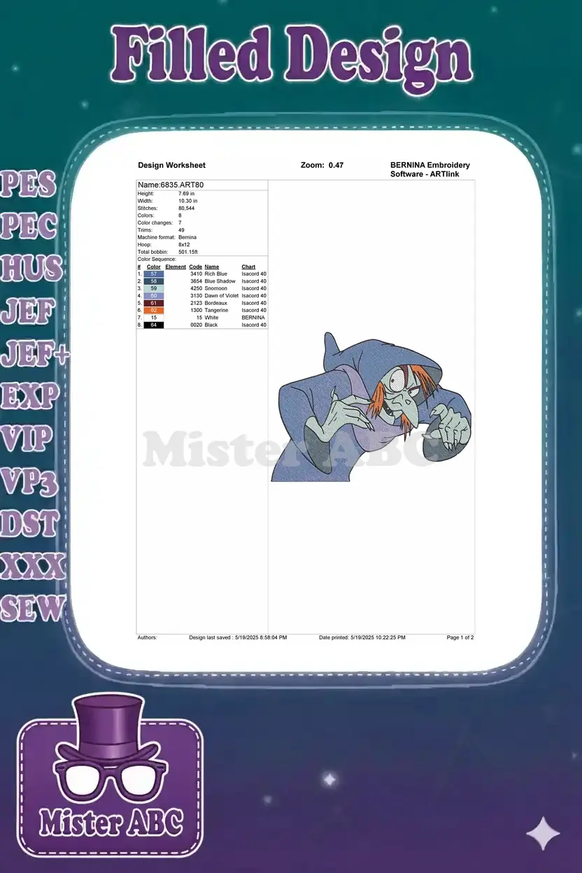 A detailed design worksheet for the Madame Mim embroidery, showing specifications, dimensions, and color chart.