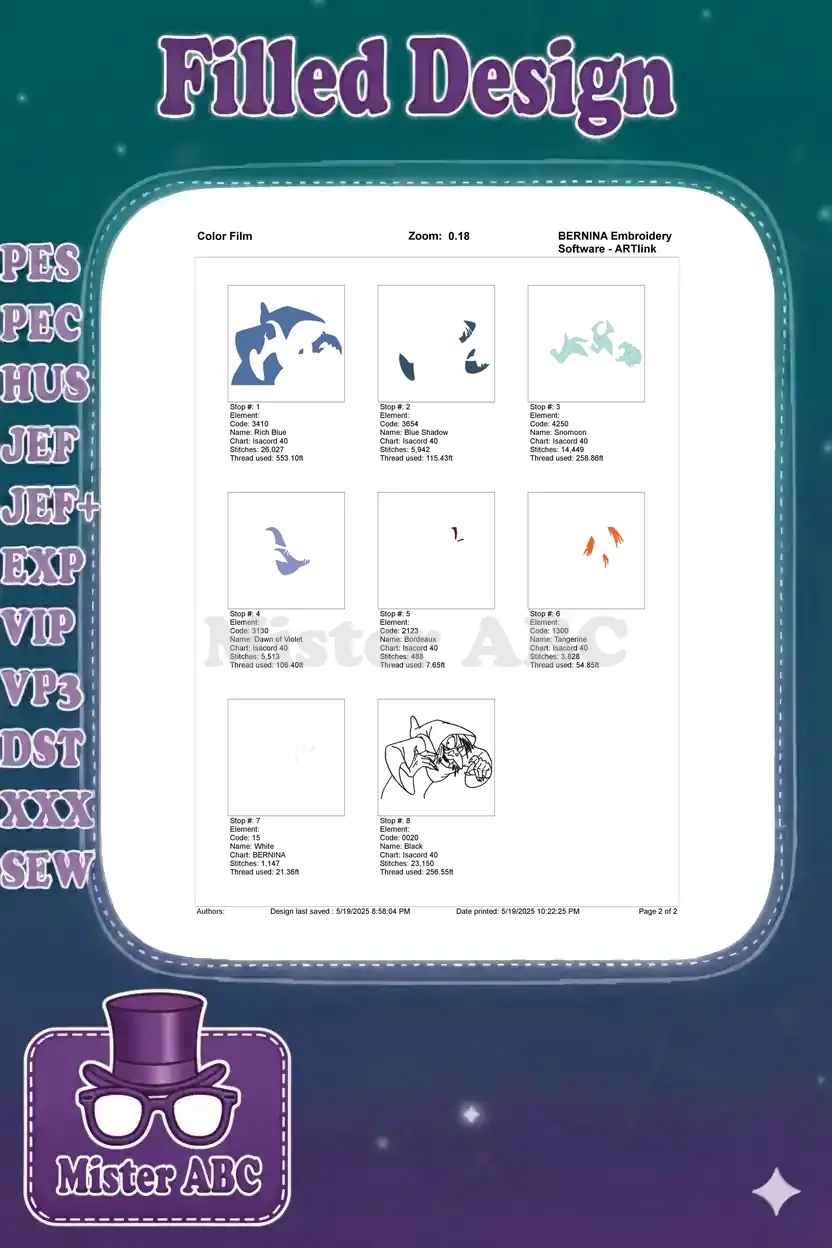 A color film breakdown of the Madame Mim embroidery design, showing each individual stitch element and color stop.