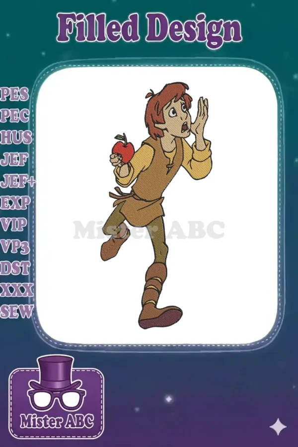 Full-color embroidery design of a young boy, Taran, with red-brown hair, wearing rustic clothes, holding a red apple.