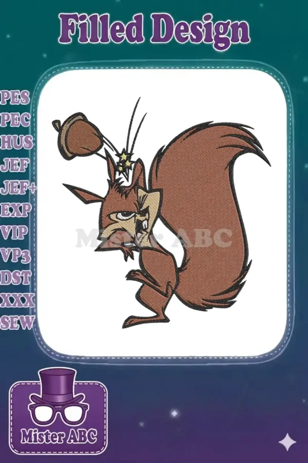 Scrat, the iconic saber-toothed squirrel from Ice Age, frantically clutching his beloved acorn in detailed embroidery.