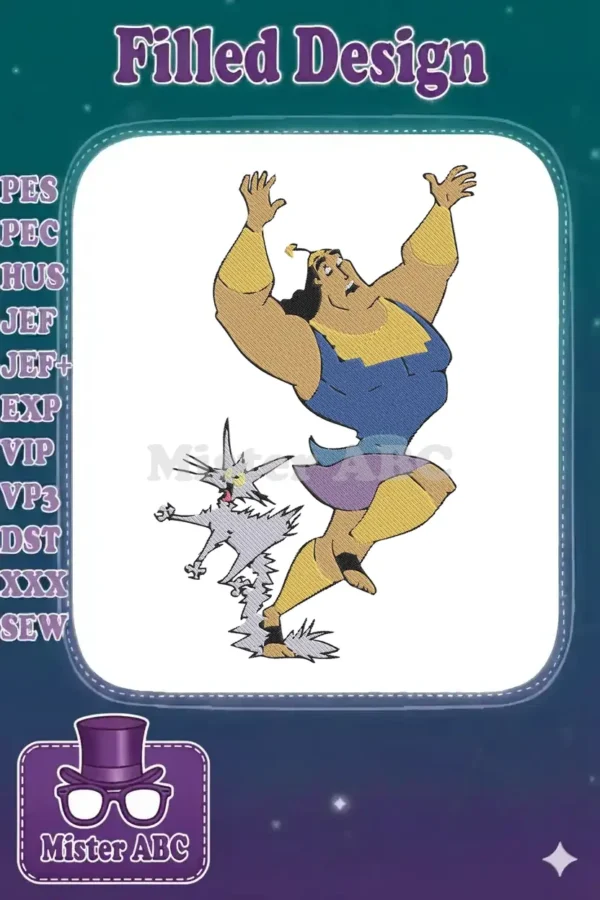 Full-color embroidery of Kronk from Emperor's New Groove dancing with Yzma, who is transformed into a cat.