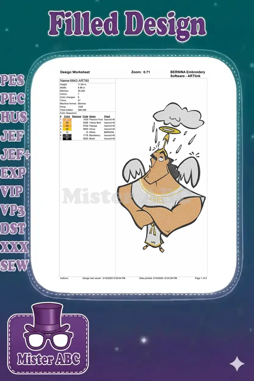 A detailed embroidery design worksheet showing specifications like dimensions, stitch count, and color sequence.