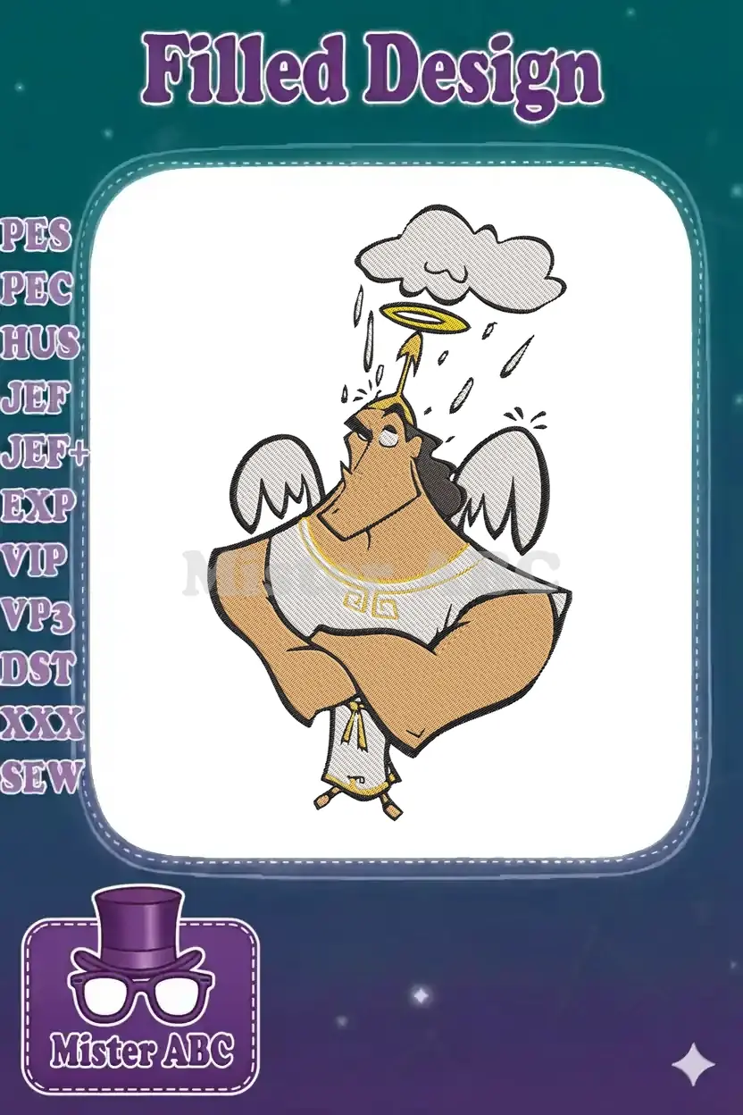 An embroidery design of Disney's Kronk as an angel, complete with halo, wings, and a small rain cloud above his head.