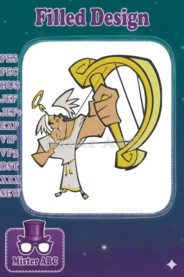 A vibrant embroidery design featuring a cartoon-style angel with a halo, wings, and a large golden bow and arrow.
