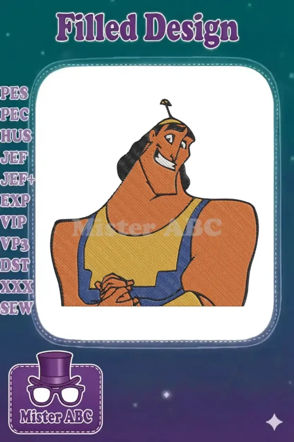 Vibrant embroidery design featuring Kronk from The Emperor's New Groove, smiling confidently with clasped hands.