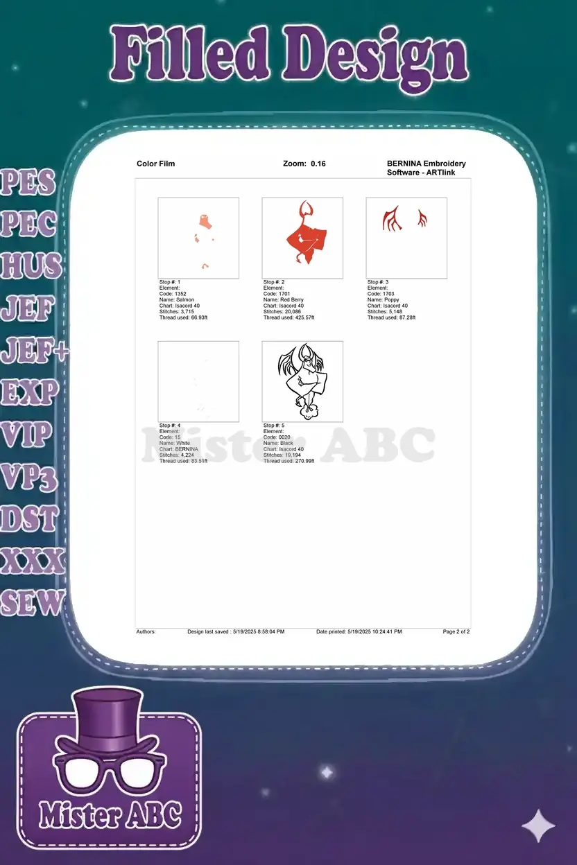 Color film breakdown of The Red Guy embroidery design, showing each color stop and its stitch sequence.