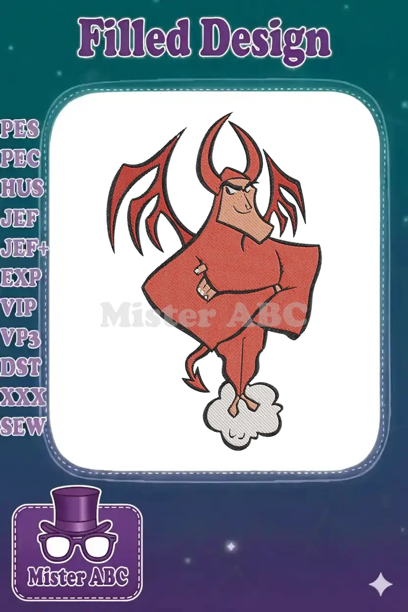 The Red Guy from Cow and Chicken embroidery design, a mischievous devil character in red with horns and wings.