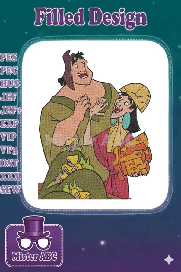 Embroidered design of Pacha and Kuzco from Disney's The Emperor's New Groove, lively and colorful.