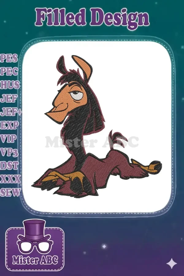 A vibrant embroidery design of Kuzco the llama from Disney's 'The Emperor's New Groove' lying down, looking smug.