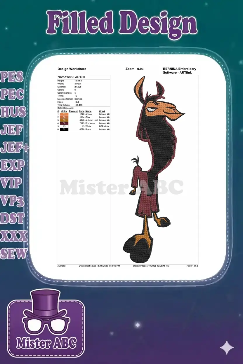 Embroidery design worksheet for Kuzco llama, showing dimensions, stitch count, and color sequence details.