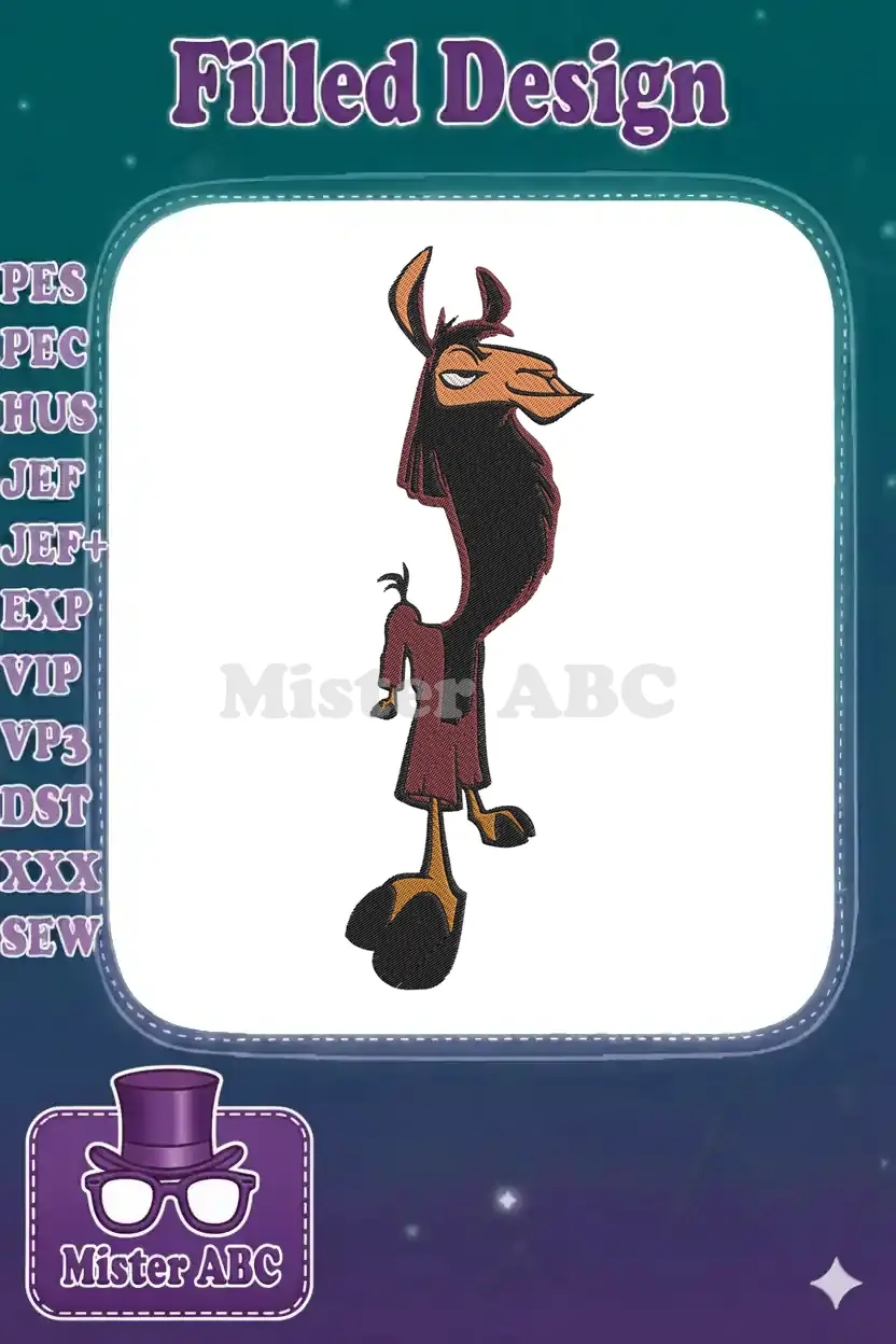 Detailed embroidery design of Kuzco in his llama form, looking smug. Features bold outlines and rich colors.