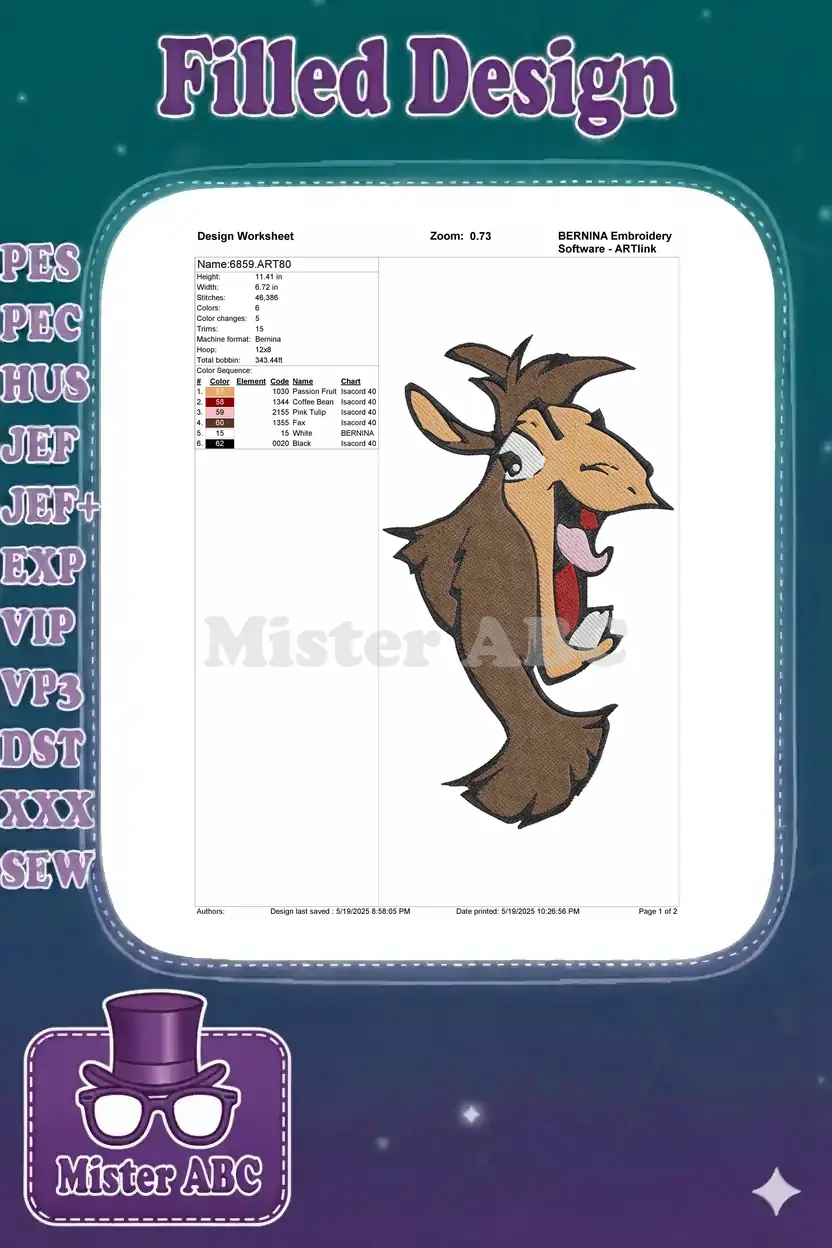 Embroidery design worksheet for the cartoon deer, detailing dimensions, stitch count, thread colors, and machine info.
