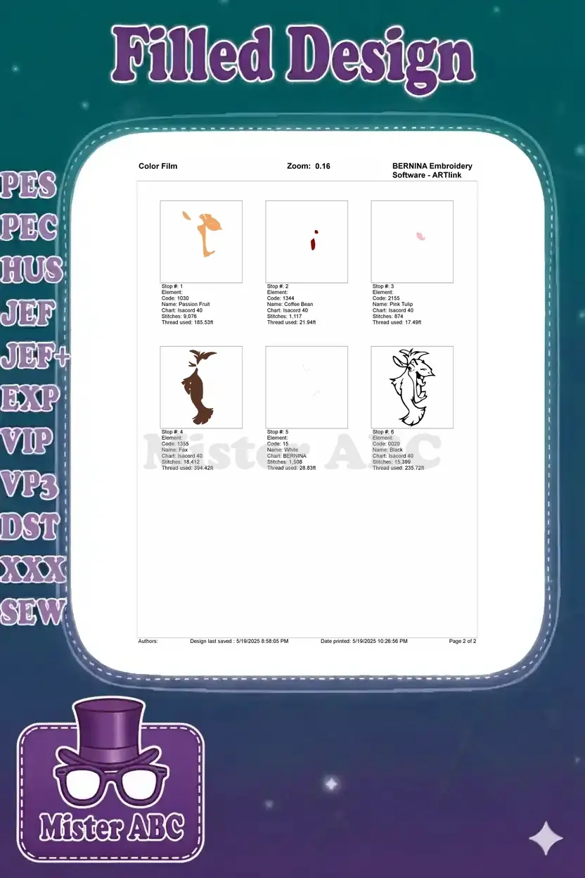 Color film breakdown of the cartoon deer embroidery design, showing each color stop and its corresponding stitches.