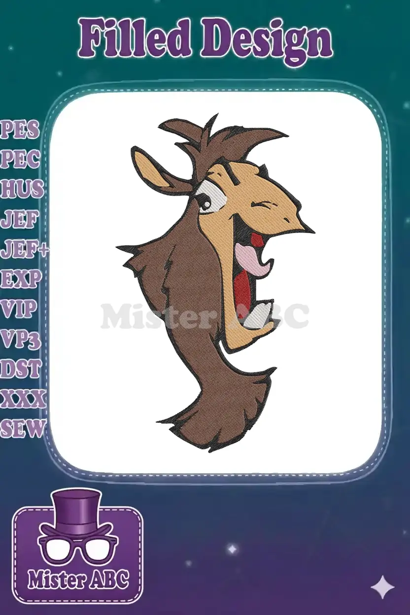 Close-up of a vibrant cartoon deer embroidery design, featuring a laughing or shouting animal with expressive features.