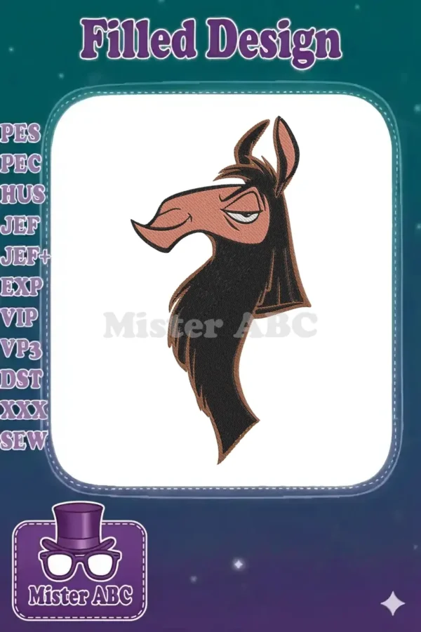 Close-up embroidery design of a smug cartoon llama head with brown and black fur, detailed texture.