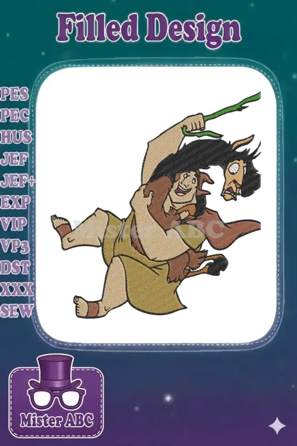 Digital embroidery design depicting Pacha wrestling Kuzco from Disney's The Emperor's New Groove in vibrant thread.