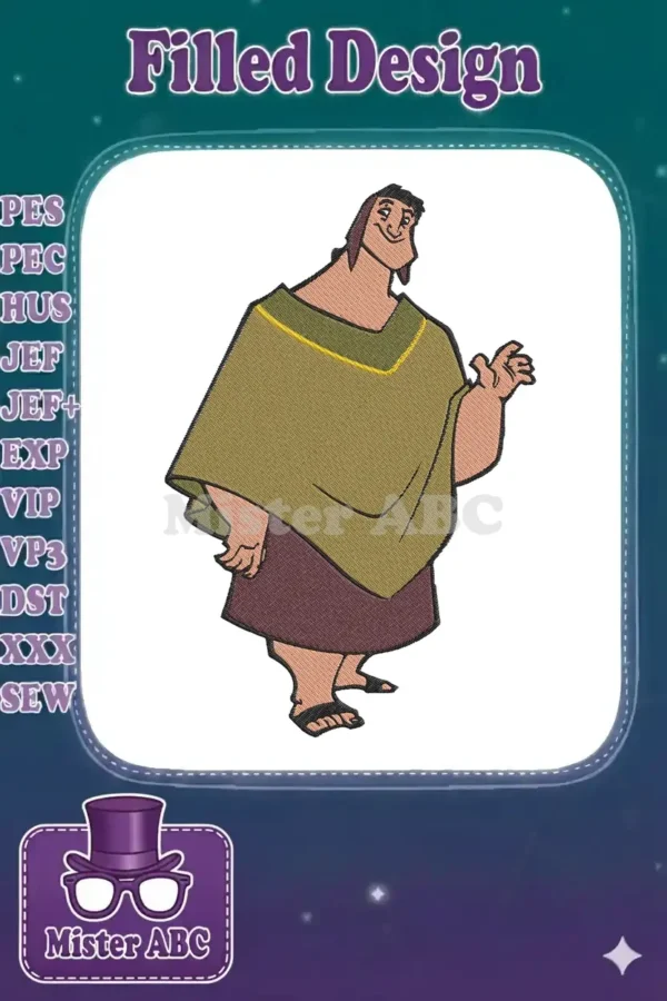 Pacha from The Emperor's New Groove, embroidered in his iconic green poncho and brown attire, smiling with his hand raised. A vibrant character design.