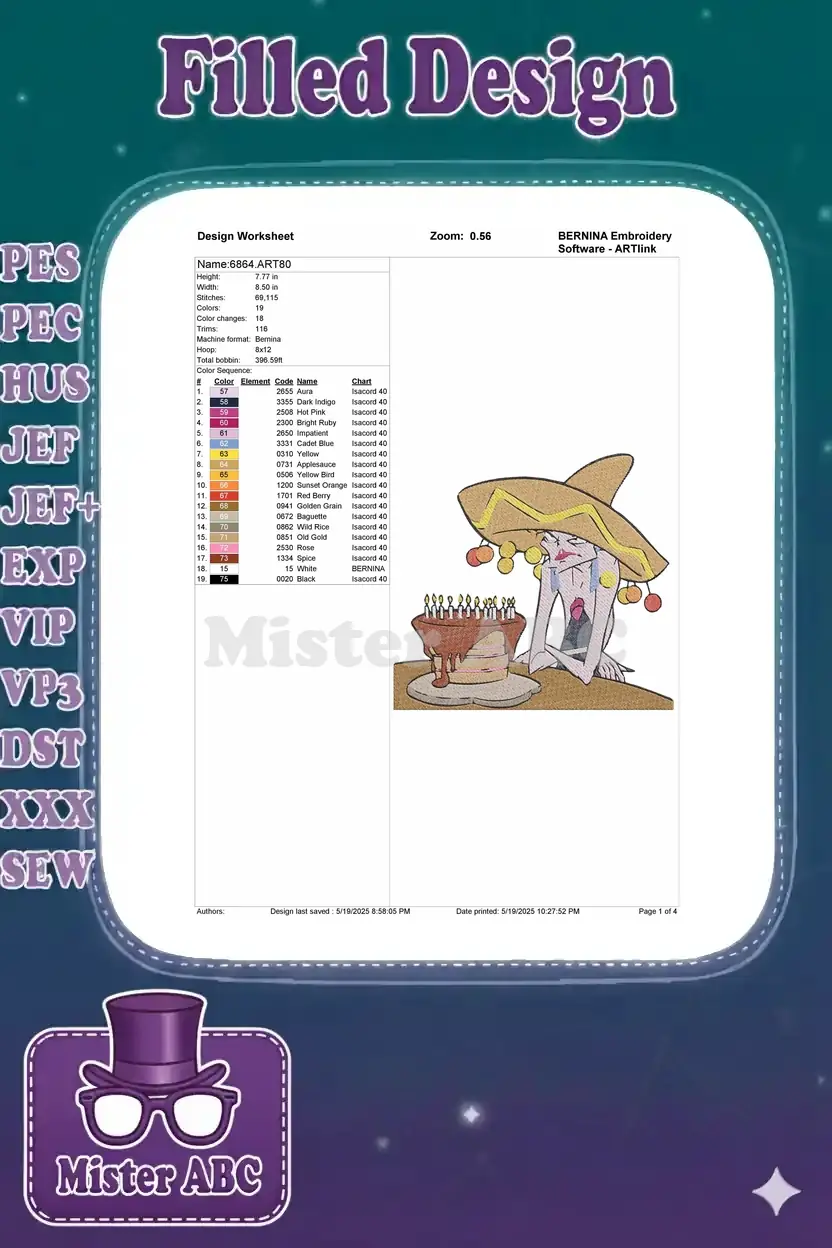 Embroidery design worksheet detailing size, stitch count, color sequence, and machine format for the design.