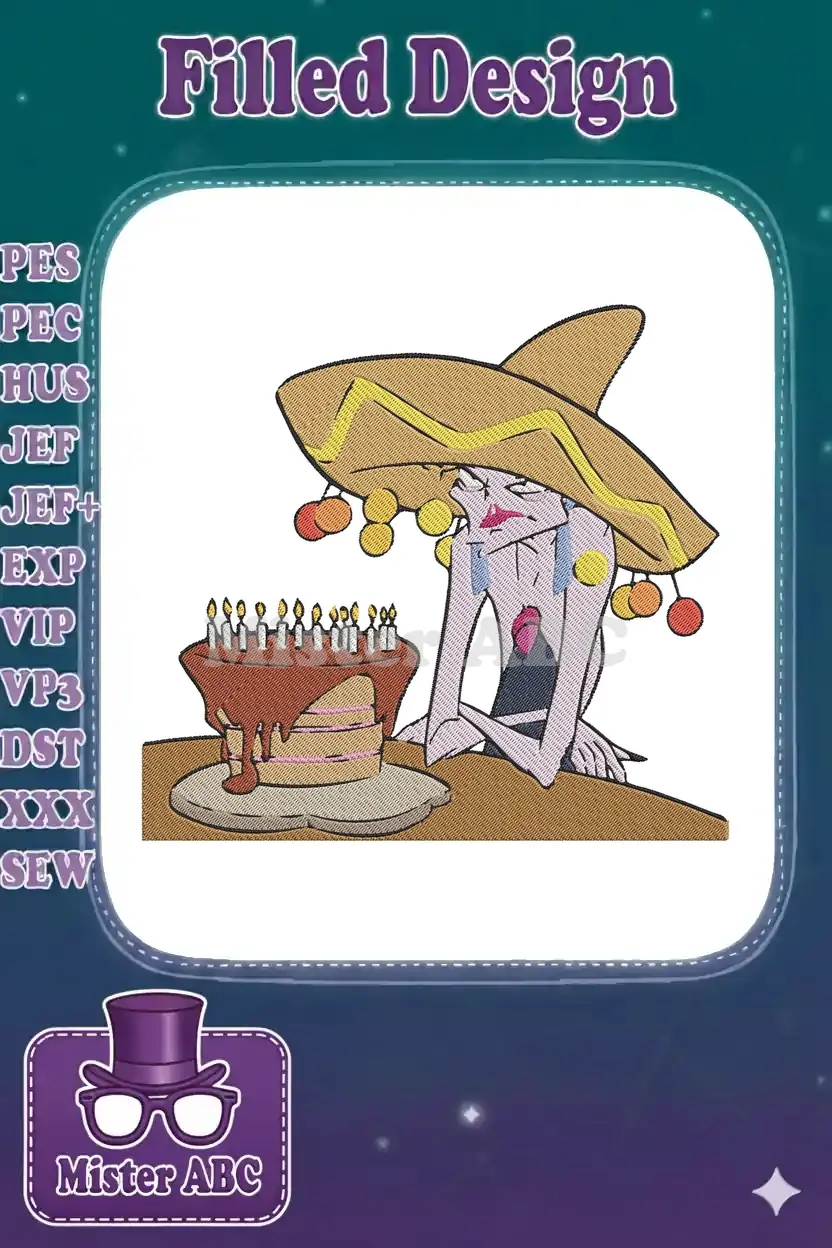 A crying character in a sombrero next to a birthday cake, an emotional and whimsical embroidery design.