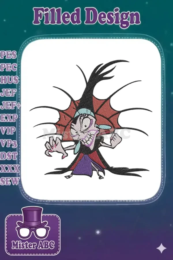 Yzma from Disney's Emperor's New Groove in an iconic menacing pose, a vibrant digital embroidery design.